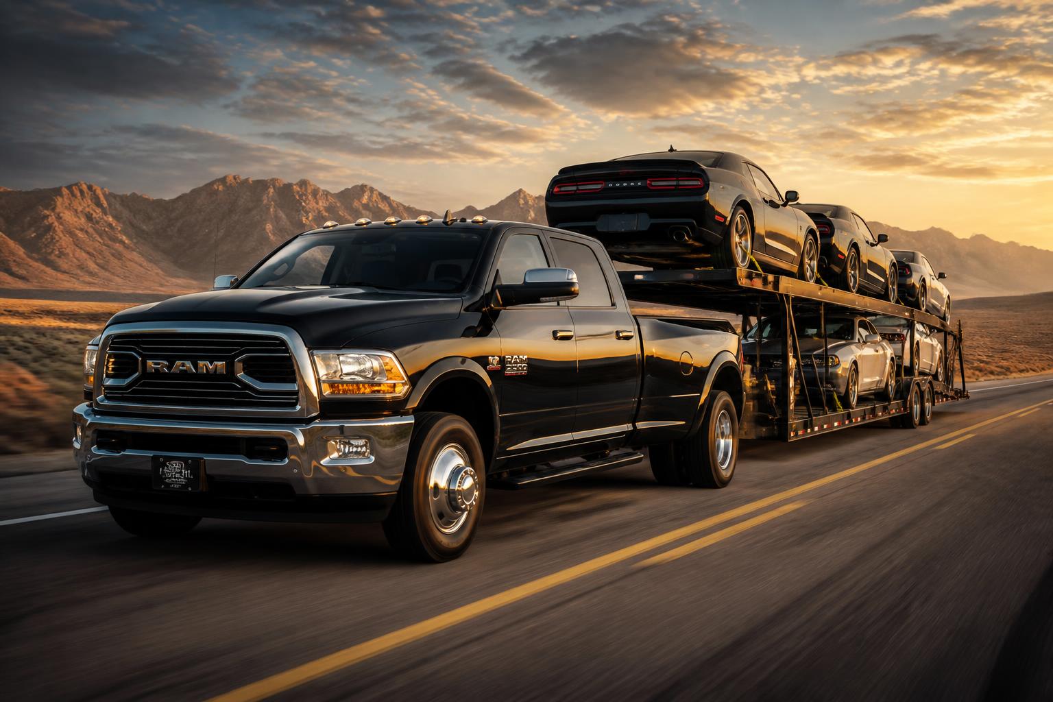 Car hauler truck transporting vehicles across an American highway