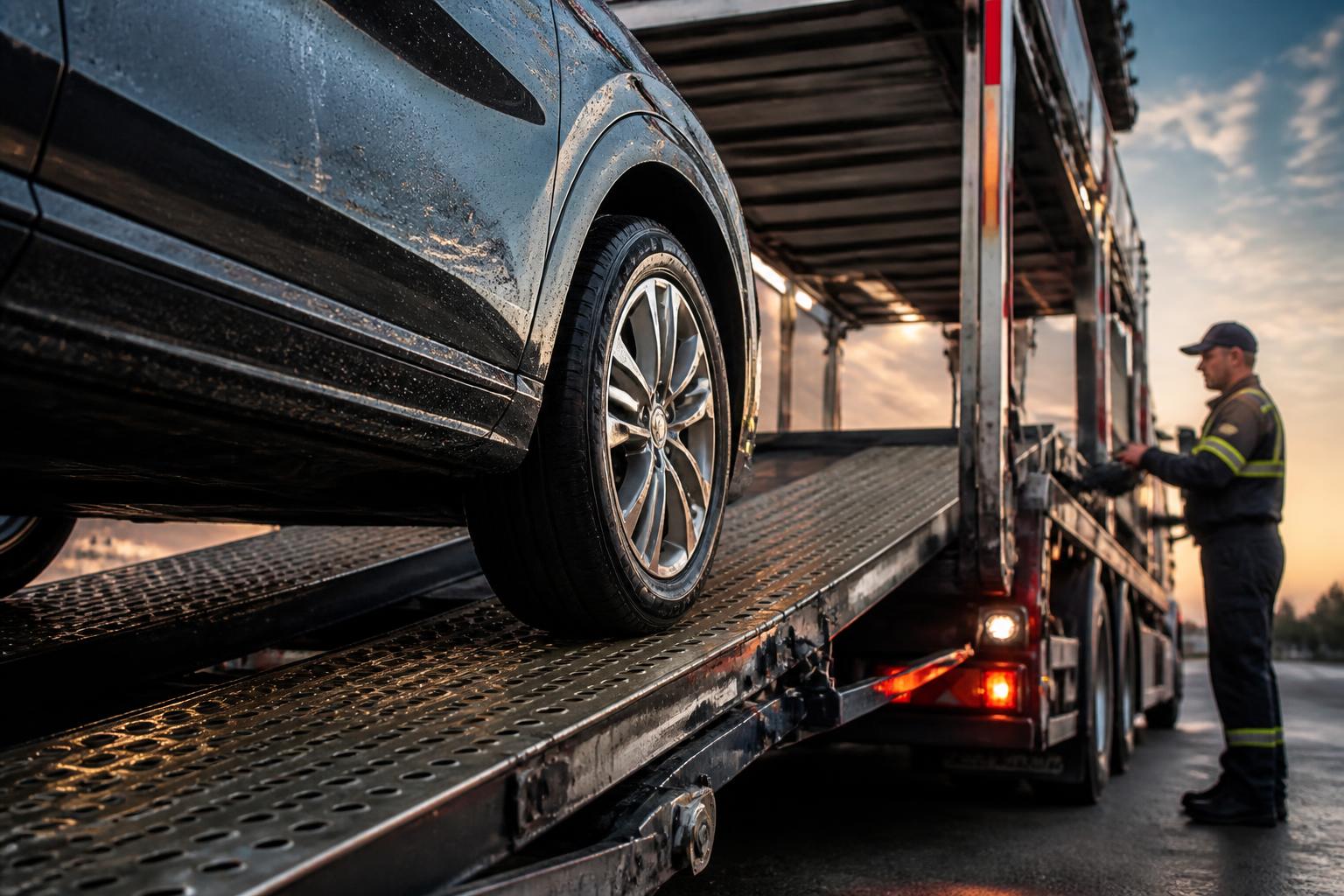 Vehicle being loaded onto a car hauler trailer